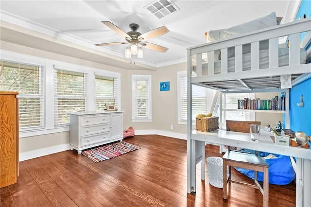 office area featuring hardwood / wood-style floors, ceiling fan, and ornamental molding