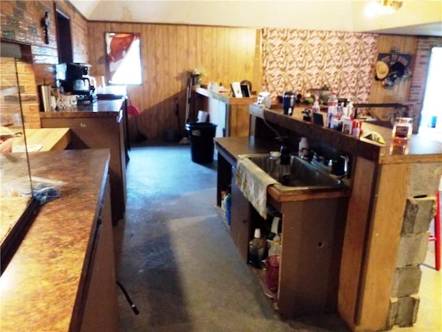 bar featuring sink and wood walls