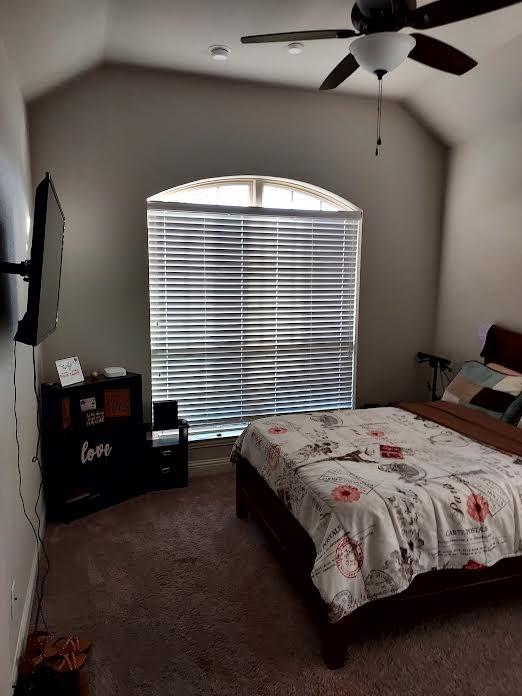 carpeted bedroom with ceiling fan and lofted ceiling