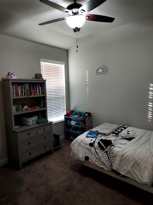 carpeted bedroom with ceiling fan