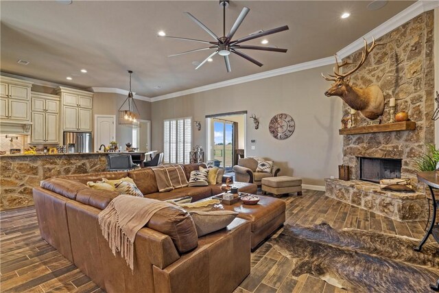 living area featuring a stone fireplace, ornamental molding, and wood tiled floor