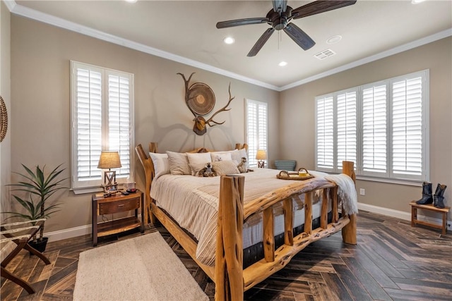 bedroom featuring visible vents, multiple windows, crown molding, and baseboards