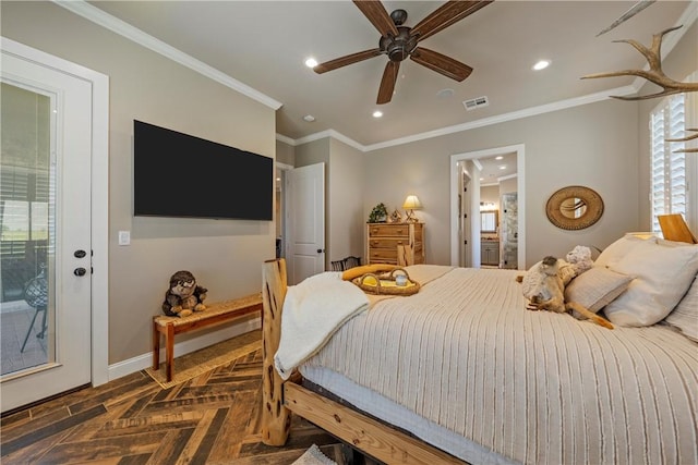 bedroom featuring visible vents, recessed lighting, connected bathroom, crown molding, and baseboards