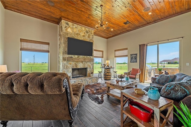 living room featuring a fireplace, wood finished floors, wood ceiling, and ornamental molding