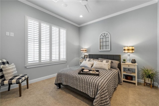 carpeted bedroom with crown molding, recessed lighting, baseboards, and ceiling fan