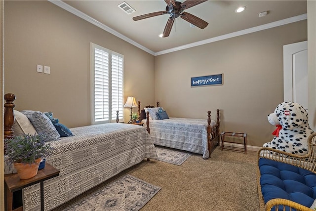 carpeted bedroom featuring visible vents, ornamental molding, a ceiling fan, recessed lighting, and baseboards