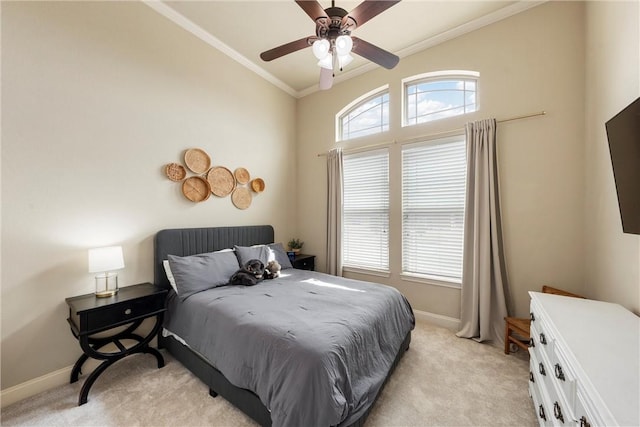 bedroom featuring light carpet, vaulted ceiling, baseboards, and ornamental molding