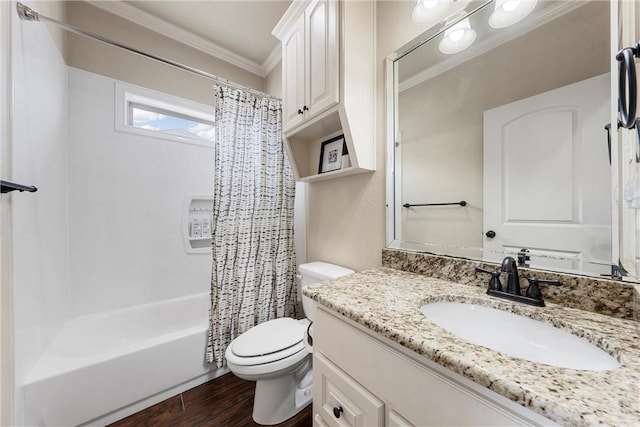 full bath with toilet, ornamental molding, wood finished floors, vanity, and shower / bathtub combination with curtain