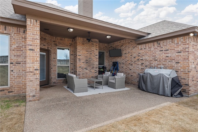 view of patio / terrace with grilling area, an outdoor hangout area, and ceiling fan