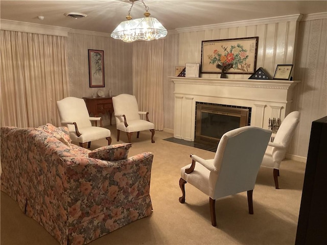 living area with light colored carpet, ornamental molding, and an inviting chandelier