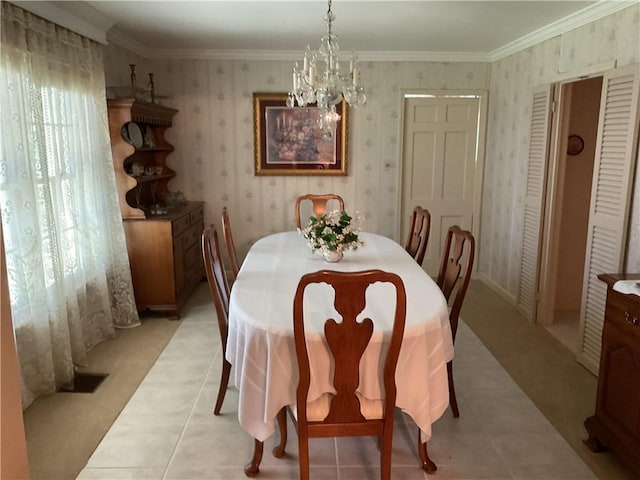 tiled dining space featuring a chandelier and crown molding