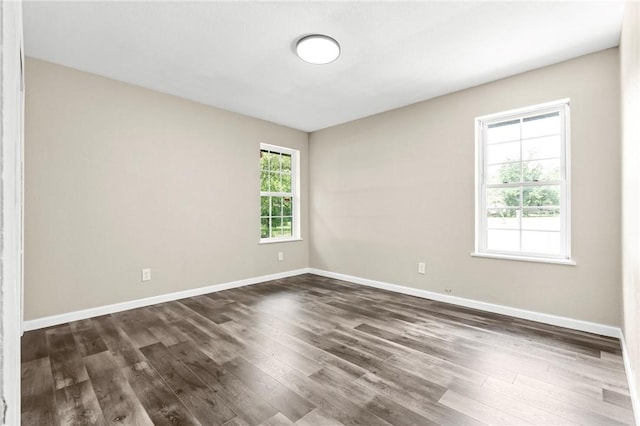 spare room with a wealth of natural light and dark wood-type flooring