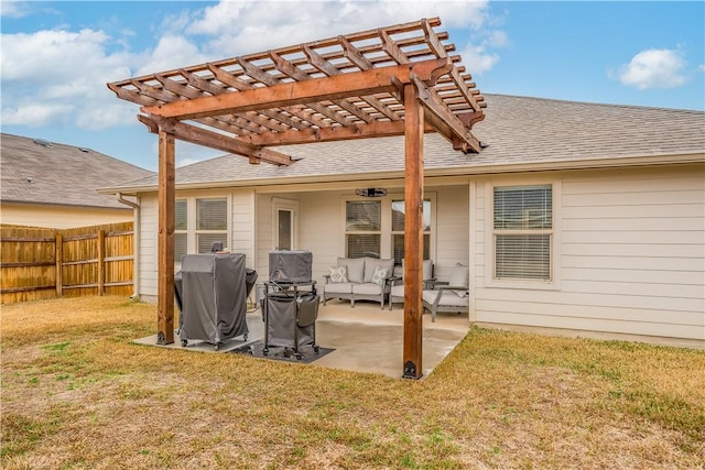 back of house featuring an outdoor living space, a pergola, a patio, and a lawn