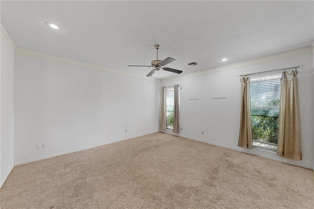 spare room featuring a healthy amount of sunlight, light colored carpet, and crown molding