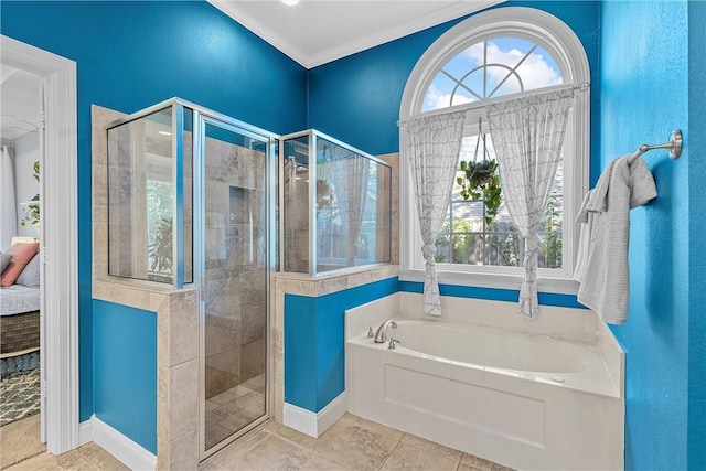 bathroom featuring crown molding, tile patterned flooring, and shower with separate bathtub