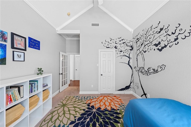 carpeted bedroom with french doors, high vaulted ceiling, crown molding, and beam ceiling