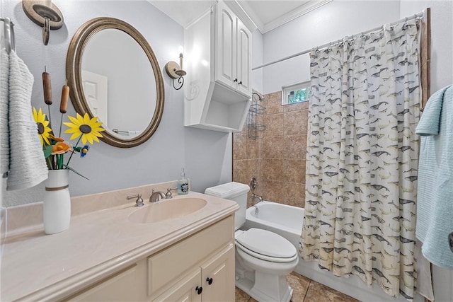 full bathroom featuring vanity, tile patterned flooring, toilet, ornamental molding, and shower / tub combo