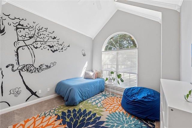 carpeted bedroom featuring vaulted ceiling, ceiling fan, and ornamental molding