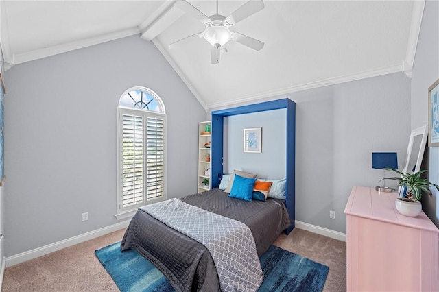 carpeted bedroom with ceiling fan, lofted ceiling with beams, and ornamental molding