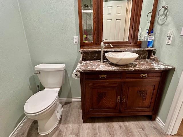 bathroom with vanity, wood-type flooring, and toilet