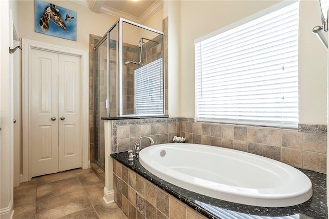 bathroom with shower with separate bathtub, a wealth of natural light, and ornamental molding