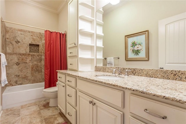 full bathroom with vanity, toilet, shower / bath combo with shower curtain, and crown molding