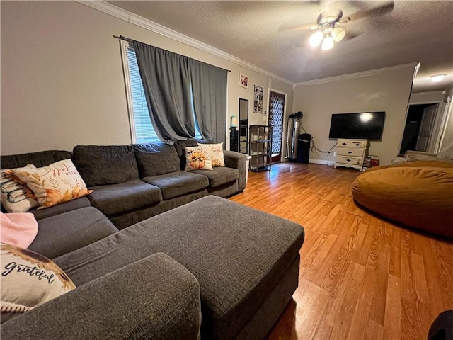 living room with ceiling fan, ornamental molding, hardwood / wood-style floors, and a textured ceiling