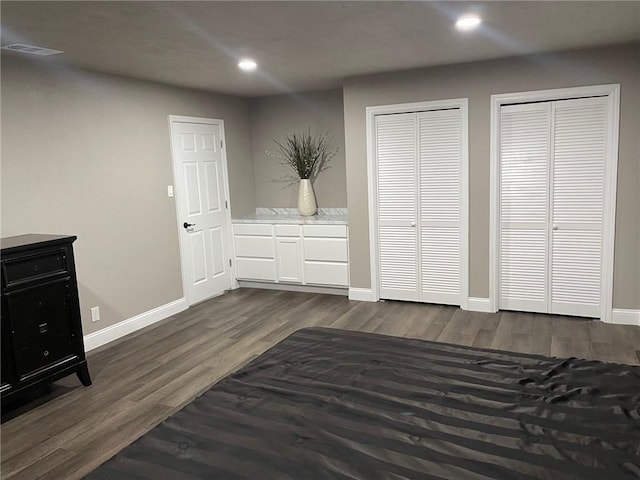 bedroom with two closets and dark wood-type flooring