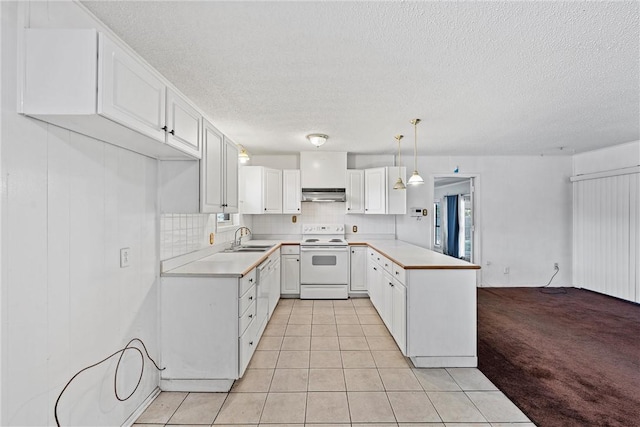 kitchen with sink, hanging light fixtures, light tile patterned floors, white electric stove, and white cabinets