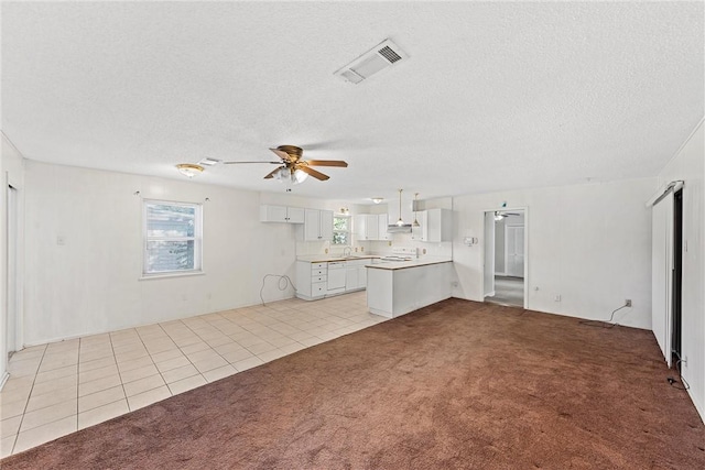 unfurnished living room with light carpet, sink, ceiling fan, and a textured ceiling