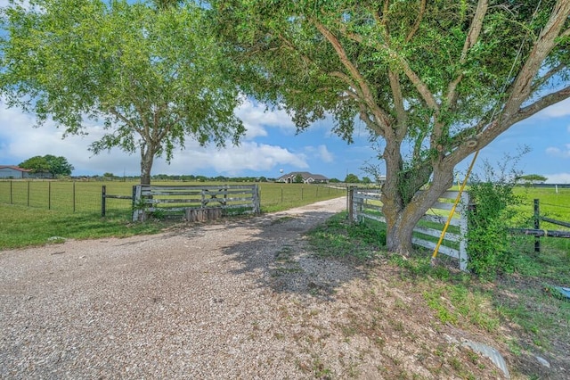 view of street with a rural view, driveway, and a gated entry