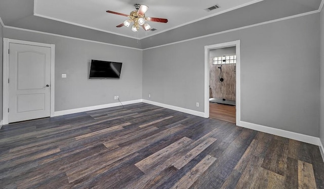 interior space with dark hardwood / wood-style flooring, ceiling fan, and crown molding