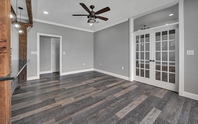 unfurnished living room with crown molding, dark hardwood / wood-style flooring, ceiling fan, and french doors