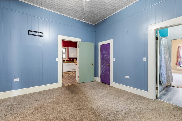 unfurnished bedroom featuring wood walls and carpet