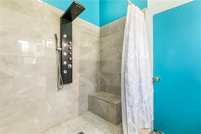 bathroom with a shower with curtain