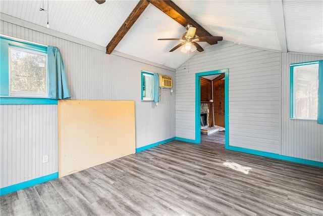 unfurnished room featuring wood-type flooring, vaulted ceiling with beams, ceiling fan, and wooden walls