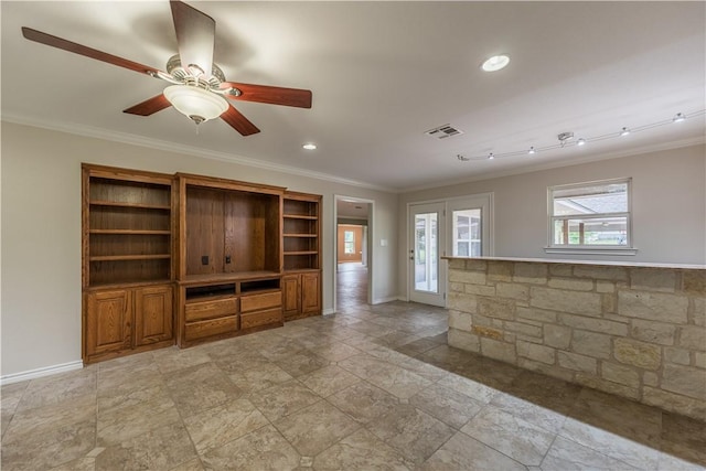 unfurnished living room with ceiling fan, french doors, and ornamental molding