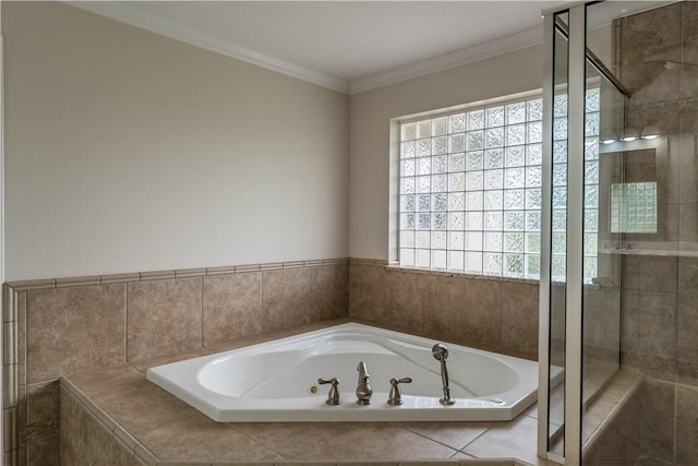 bathroom with crown molding and plus walk in shower