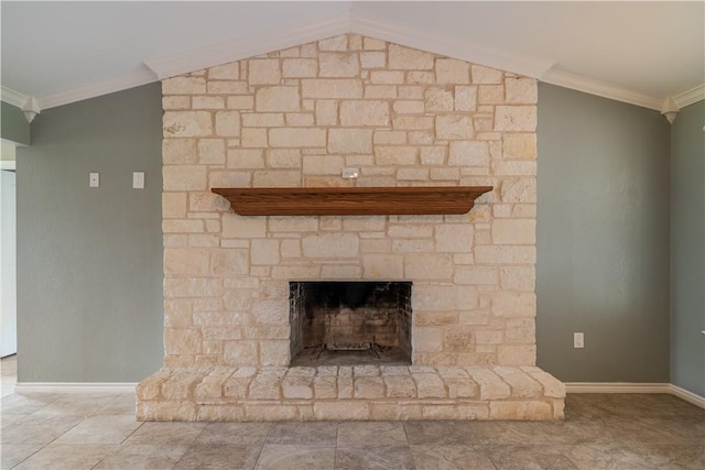 interior details featuring a stone fireplace and ornamental molding