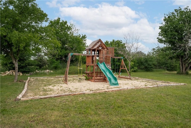 view of play area featuring a lawn