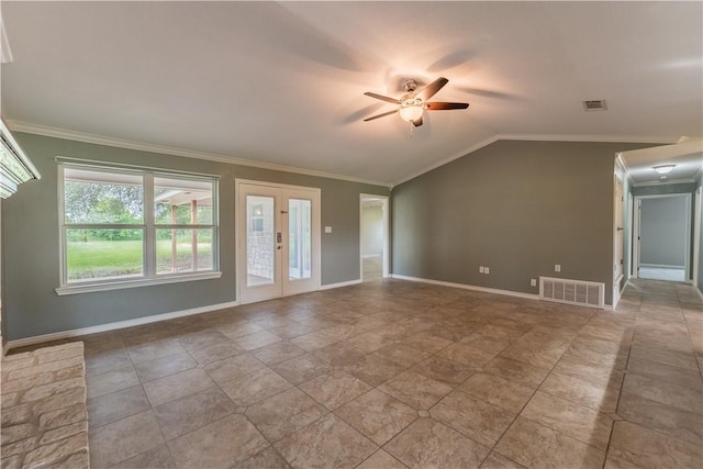 interior space featuring french doors, crown molding, ceiling fan, and lofted ceiling