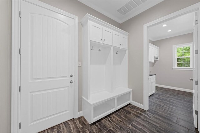 mudroom with ornamental molding and dark wood-type flooring