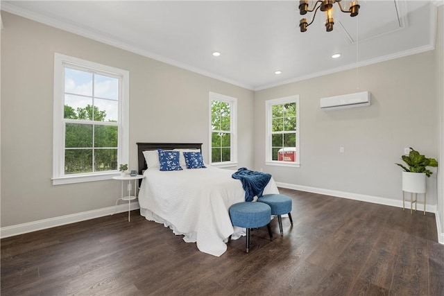 bedroom with a wall mounted air conditioner, multiple windows, and dark wood-type flooring