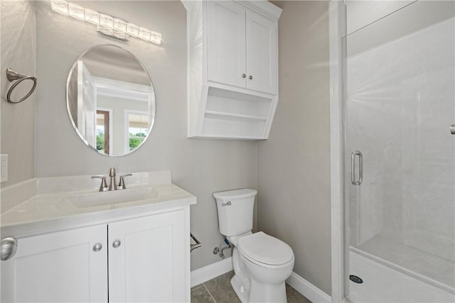 bathroom with tile patterned flooring, vanity, toilet, and a shower with door