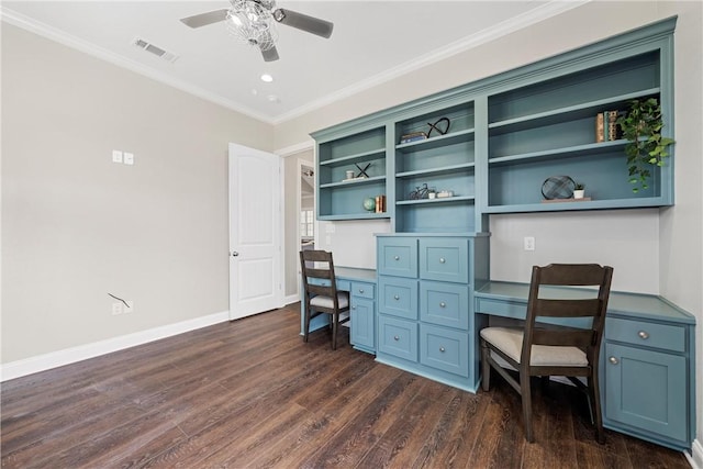 office with built in desk, dark hardwood / wood-style floors, ceiling fan, and crown molding