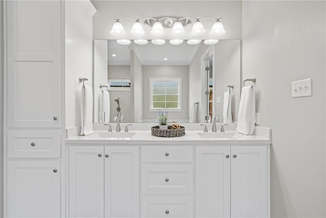 bathroom featuring a shower and vanity