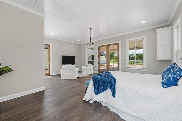 bedroom with dark hardwood / wood-style floors and ornamental molding