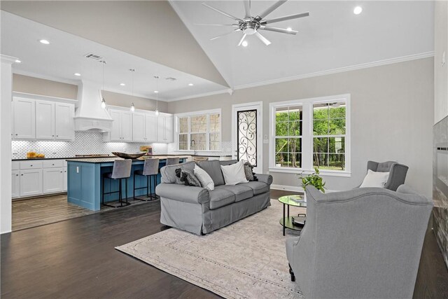 living room with dark hardwood / wood-style flooring, ceiling fan, ornamental molding, and sink