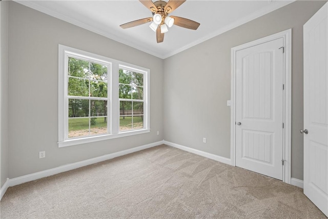 carpeted spare room featuring ceiling fan and crown molding