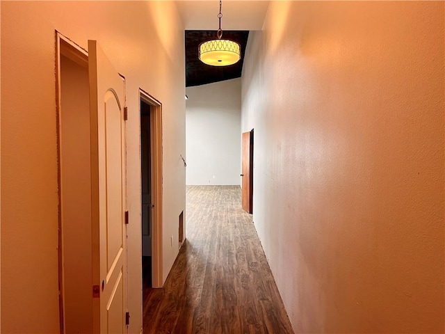 corridor featuring dark hardwood / wood-style floors and a towering ceiling